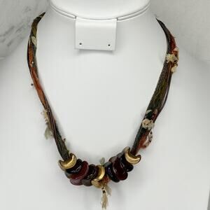 Chicos Beaded Cord Statement Necklace Gold Tone Mixed Materials ✨